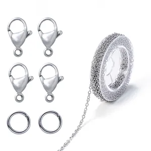 Stainless steel jewelry chain set with lobster clasps and jump rings for DIY crafting