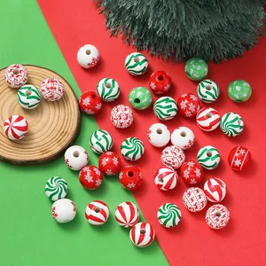 Christmas Series Snowflake Spiral Printed Wood Beads DIY Jewelry Making Crafts Round Wood Beads Holiday Decor Accessories