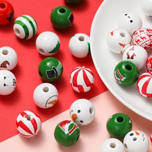 Christmas wooden beads with peppermint spirals and snowman patterns for DIY crafts