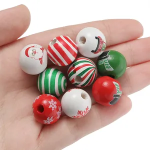 Hand-held Christmas themed wooden beads with festive patterns for various DIY crafts
