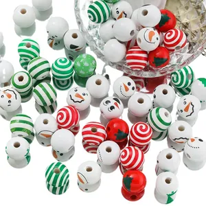 Christmas themed printed wooden beads with candy spiral and snowman patterns for DIY crafts
