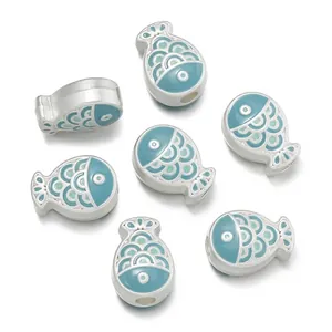 Detailed antique silver fish-shaped beads with blue enamel for DIY bracelet jewelry making