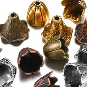 Vintage alloy flower bud bead caps for DIY jewelry making in multiple metallic finishes