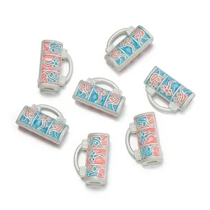 Matte silver bamboo tube charms with pink and blue floral enamel for DIY bracelets