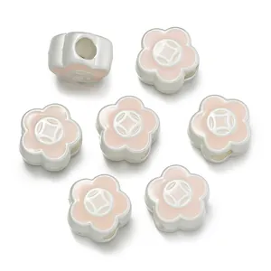 Matte silver flower-shaped spacer beads with pink enamel centers for DIY jewelry