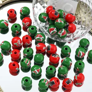 Festive Christmas red and green printed wooden beads for DIY jewelry making and crafts