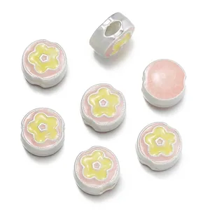 Dull silver flower spacer beads with pink and yellow enamel accents for DIY bracelets