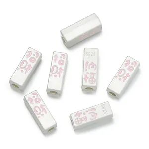 Matte silver bamboo tube spacer beads with pink enamel Fu character and S925 stamp