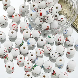 Decorative white Christmas wooden beads with gnome and Santa prints for DIY holiday crafts