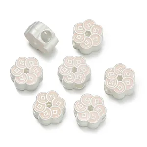 Matte silver alloy spacer beads with pink flower patterns for DIY bracelet jewelry