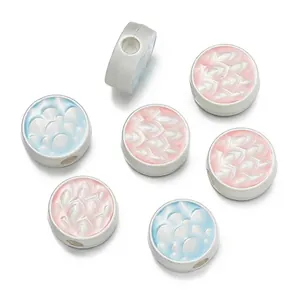 Ancient silver style alloy spacer beads with pink and blue floral relief for DIY bracelets