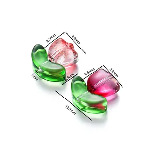 Detailed view of glass tulip flower and leaf beads with exact dimensions for DIY jewelry