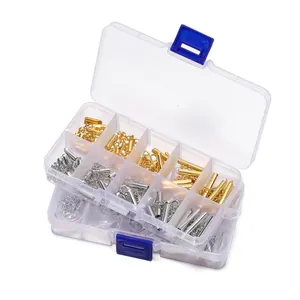 Close-up of gold and silver DIY jewelry slide-on end tubes in a clear storage box