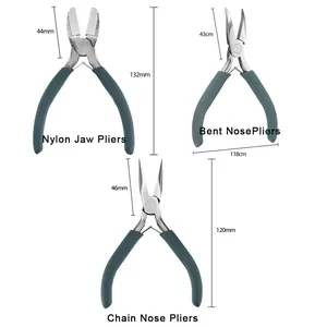 Detailed dimension chart for 5-inch nylon jaw, bent nose, and chain nose jewelry pliers