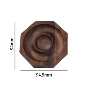 Overhead view of an octagonal walnut wood bead tray showing precise dimensions 94mm by 94.5mm