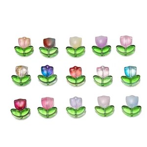 Set of colorful 3D glass tulip flower pendants with green leaves for DIY jewelry making