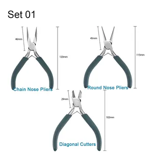 Mini jewelry pliers set with chain nose, round nose and diagonal cutters including sizes