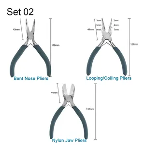 Jewelry tool set 02 showing detailed dimensions for bent nose and looping pliers