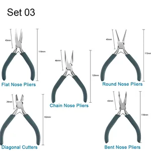 Professional 5-piece jewelry plier set including flat, round, and bent nose tools with sizes
