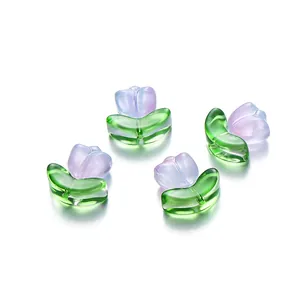 Four pieces of elegant purple and green tulip glass beads for DIY bracelet making