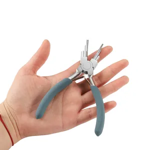 Macro view of 6-step jewelry bail-making pliers with grey non-slip textured handles