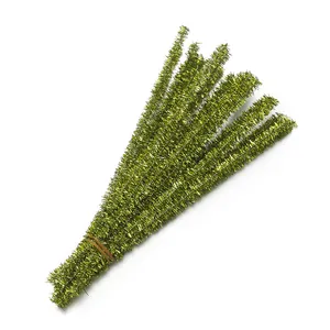 Close-up of sparkling green glitter chenille stems for DIY craft bouquet decorations