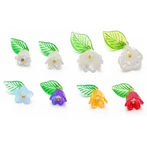 Handmade set of 8 colorful acrylic bell flower and green leaf pendants for DIY jewelry