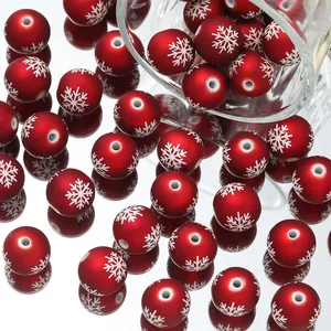 16mm rode matte acryl kralen met witte sneeuwvlokken voor DIY kerstversieringen