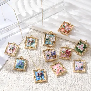 Vintage New Chinese Style Alloy Floral Photo Frame Pendant With Artificial Pearl Enamel DIY Necklace Earring Jewelry Accessories