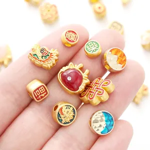 Gold-plated alloy beads with Chinese auspicious characters for DIY jewelry making