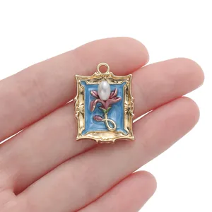 Vintage style golden alloy photo frame flower pendant with pearl for DIY jewelry