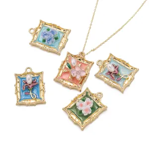 Close-up of vintage gold frame floral pendants with pearl accents for DIY jewelry making