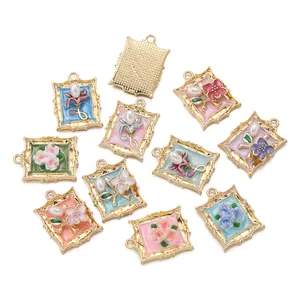 Collection of vintage alloy photo frame flower charms with pearls for DIY jewelry