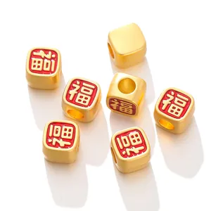 Chinese golden alloy beads with red Fu character design for DIY jewelry making crafts