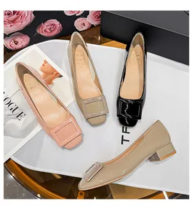 Elegant patent leather square buckle low heel pumps in multiple colors