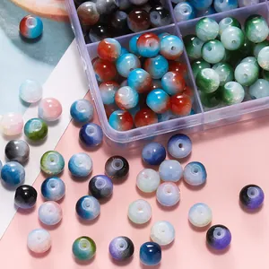 Detailed macro shot of 8mm multicolored ice cracked lampwork glass beads for DIY jewelry