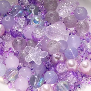 Assorted purple acrylic beads in various shapes and textures for DIY jewelry making crafts