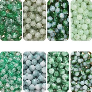 Green DIY Glass Beads Lampwork Loose Beads Round Handcrafted Marbled Crackle Style Beads For Jewelry Making Bracelet Accessories
