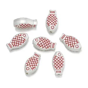Matte silver fish shaped alloy charms with red enamel details for DIY jewelry making