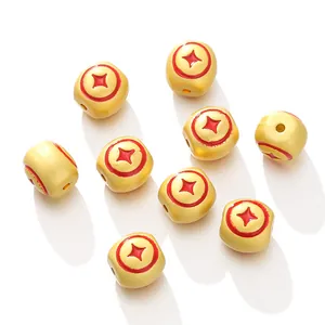Golden alloy cube spacer beads with red lucky coin pattern for DIY jewelry making