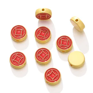 Round red enamel gold alloy spacer beads with traditional patterns for DIY jewelry making