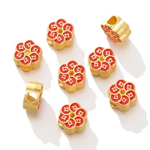 Gold-plated alloy flower spacer beads with red enamel finish for jewelry making