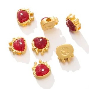 Chinese style gold alloy Fu character charm beads with red resin inlay for DIY jewelry