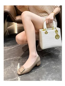Khaki patent leather square buckle flats for women with low block heels