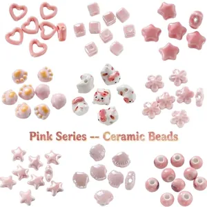 Pink Ceramic Loose Beads Irregular Cute Cat Heart Star Shape Cream Texture Glazed Ceramic Beads For DIY Jewelry Making Accessories
