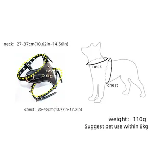 Technical detail page showing neck and chest measurements for the spiked punk dog harness