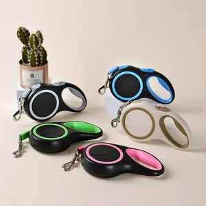 Detailed view of retractable dog leashes in multiple colors with ergonomic handles