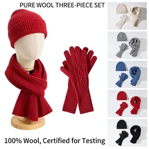 Collection Femme Bonnet Écharpe et Gants en Pure Laine Tricotée Combinaison Texture Côtelée Couleur Unie Chaud Hiver