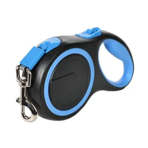 Close-up of a black and blue retractable dog leash with a durable metal clip