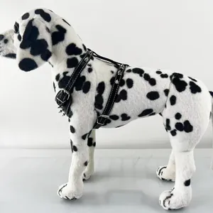 Detailed view of punk style studded black leather dog harness on a Dalmatian model.